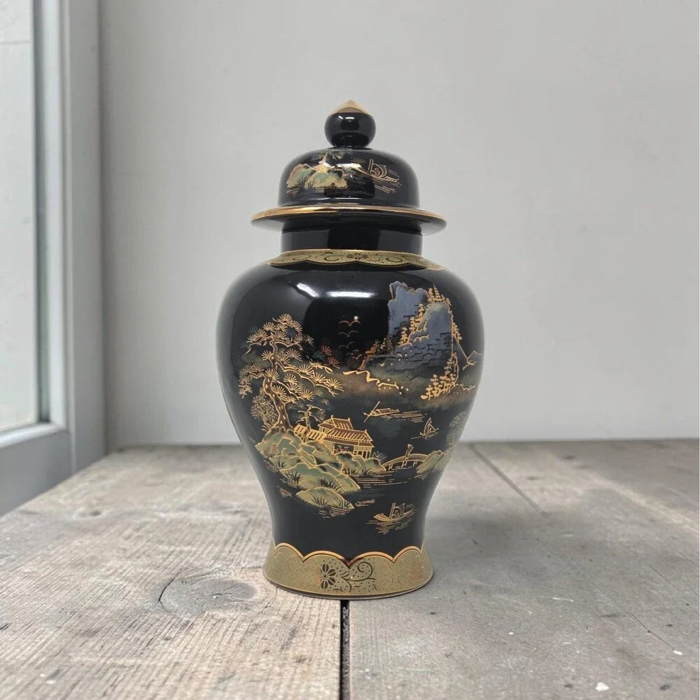 Vintage‎ Japanese Black Gold Ginger Jar Lidded Urn Scenic Landscape Decor